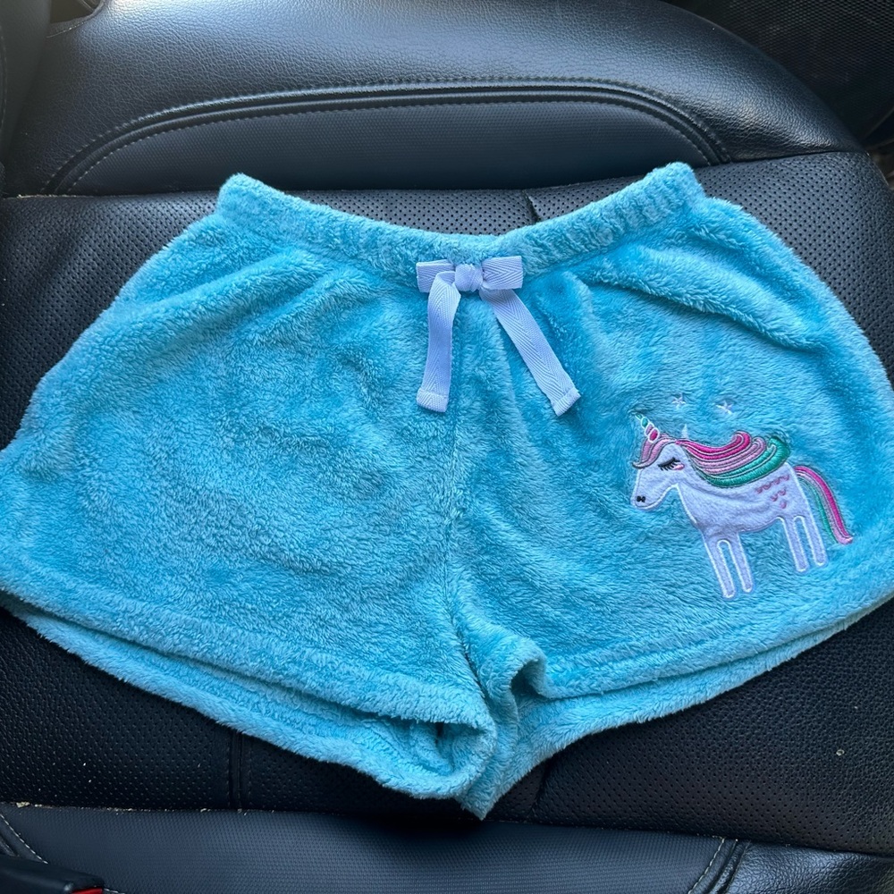 Blue Fleece Shorts with Unicorn Embroidery